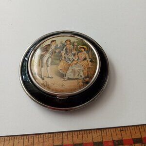 Vintage Black Enamel Round "CG" Compact with Victorian Picture Mirror Makeup